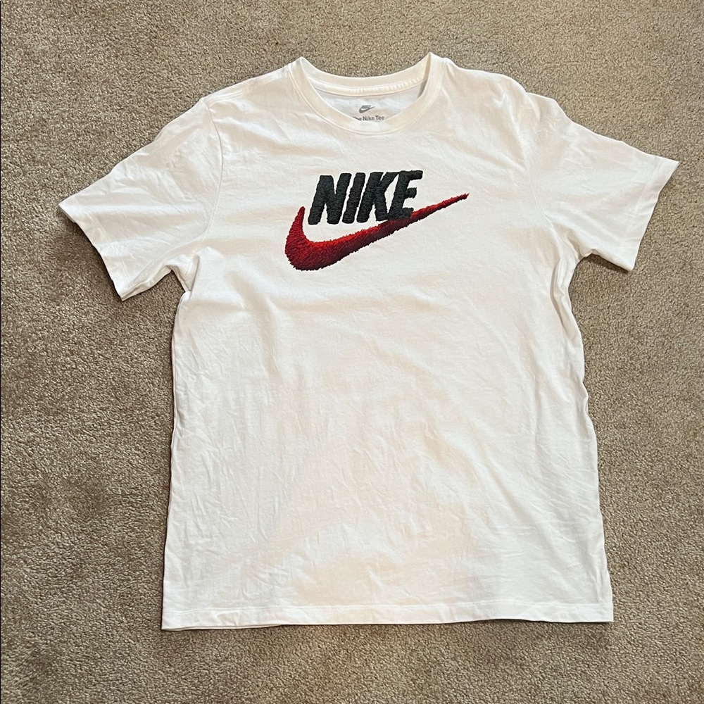 Nike White Tee with Red Swoosh and Black Logo